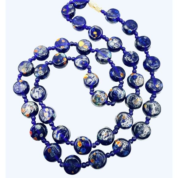 Art Glass Necklace Cobalt Blue Speckled Pressed Disc Style and Seed Beads 20" - Picture 1 of 10